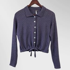 FREE PEOPLE Betty Collared Lilac Cropped Knit Linen Blend Sweater